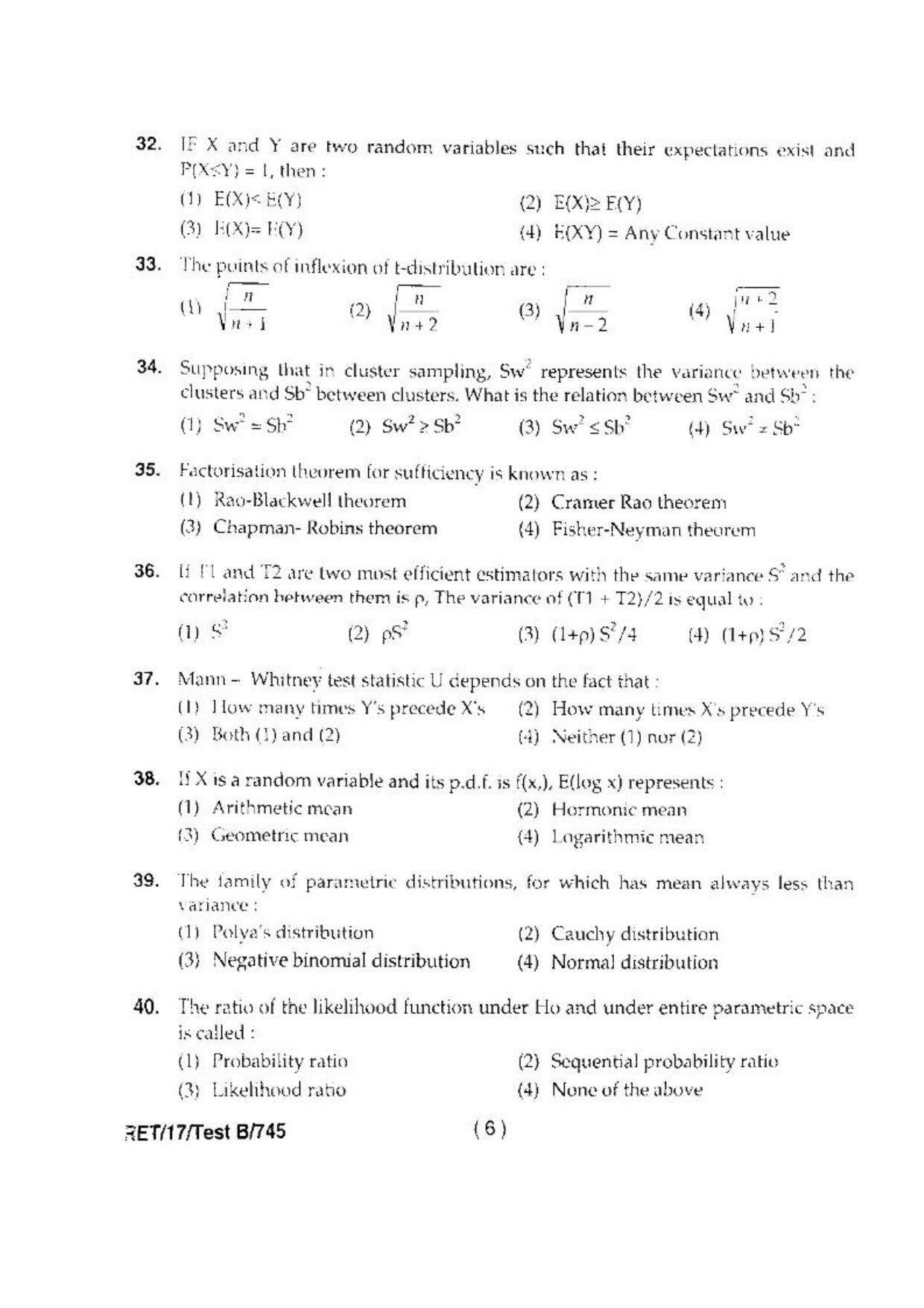 BHU RET(Agriculture) Ag. Engg. (Ag. Statistics) 2017 Question Paper - Page 8