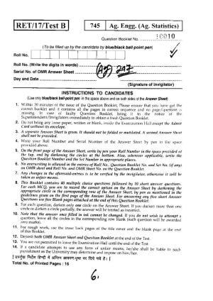 BHU RET(Agriculture) Ag. Engg. (Ag. Statistics) 2017 Question Paper