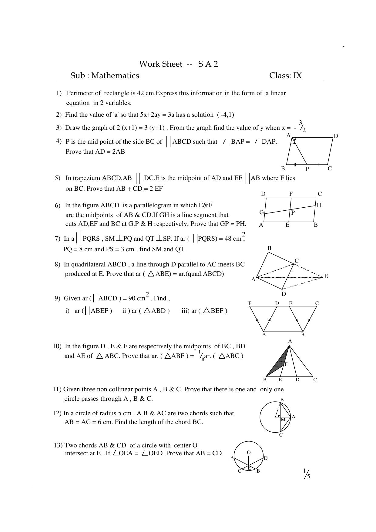CBSE Worksheets for Class 10 Maths SA2 Assignment 1 - Page 1
