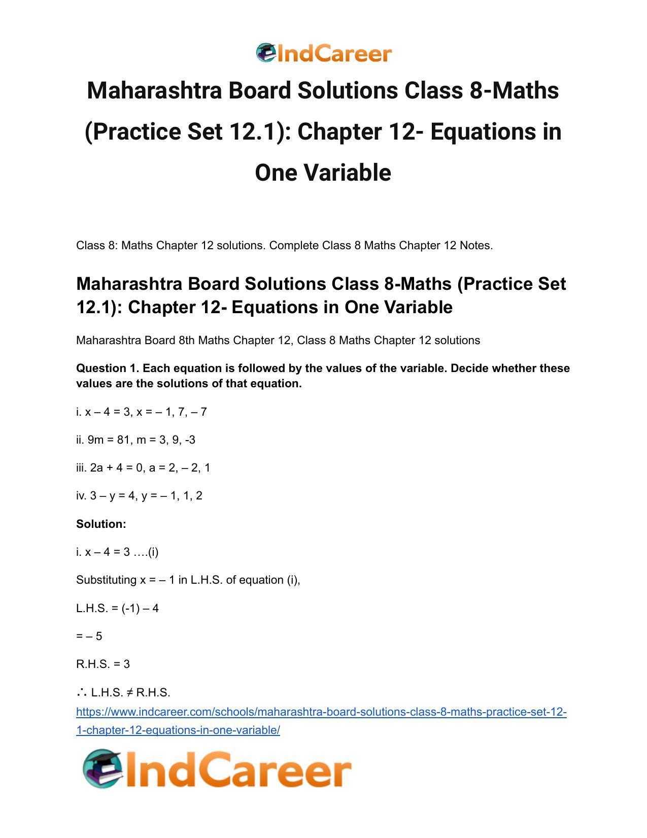 Maharashtra Board Solutions Class 8-Maths (Practice Set 12.1): Chapter 12- Equations in One Variable - Page 2