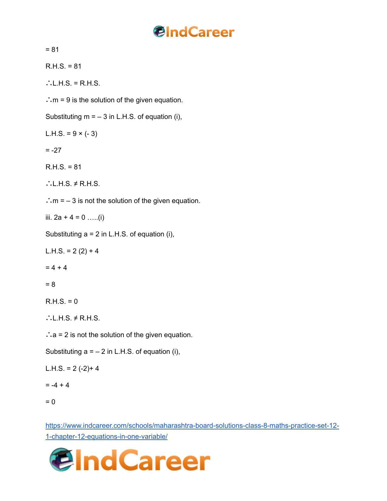 Maharashtra Board Solutions Class 8-Maths (Practice Set 12.1): Chapter 12- Equations in One Variable - Page 4