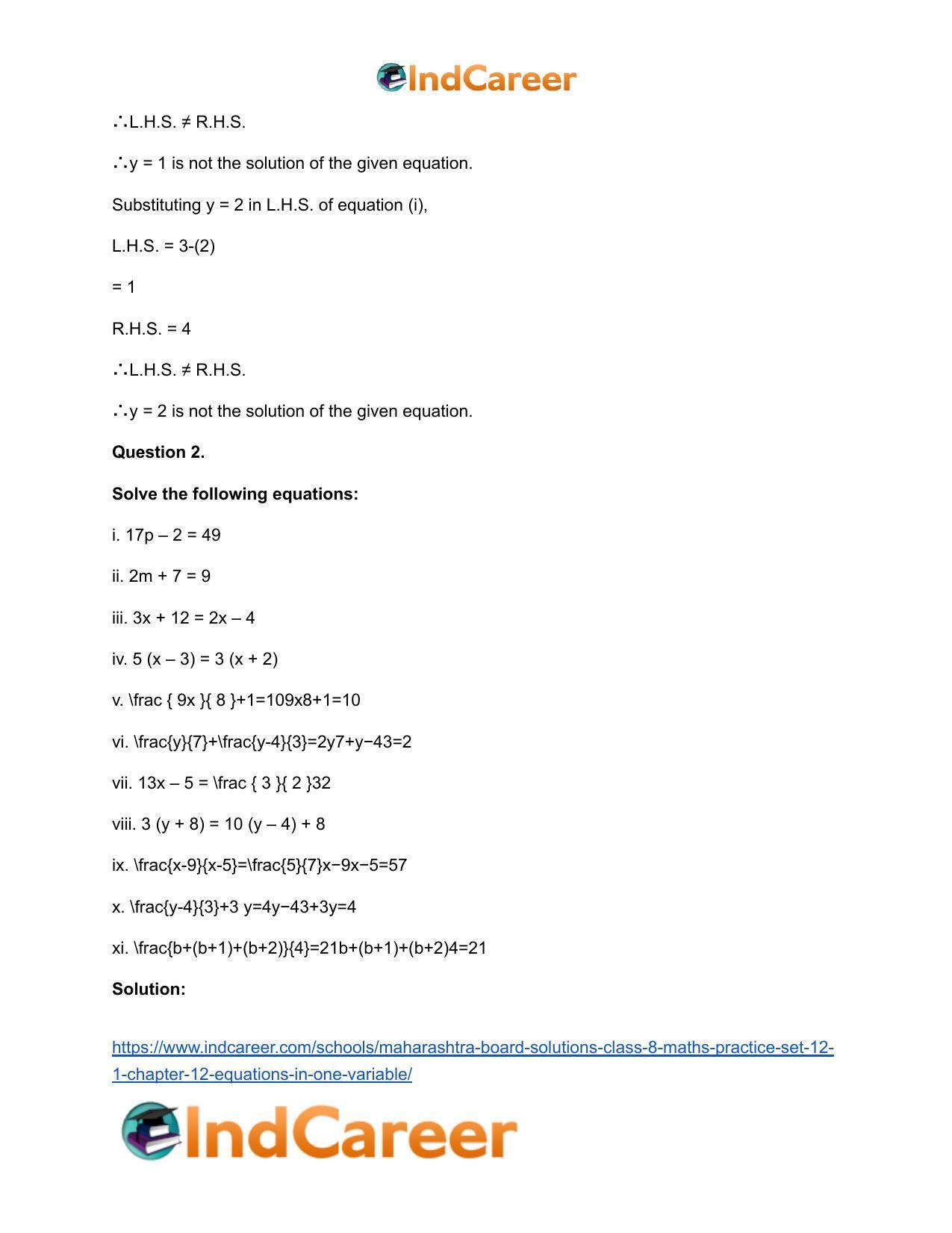 Maharashtra Board Solutions Class 8-Maths (Practice Set 12.1): Chapter 12- Equations in One Variable - Page 6