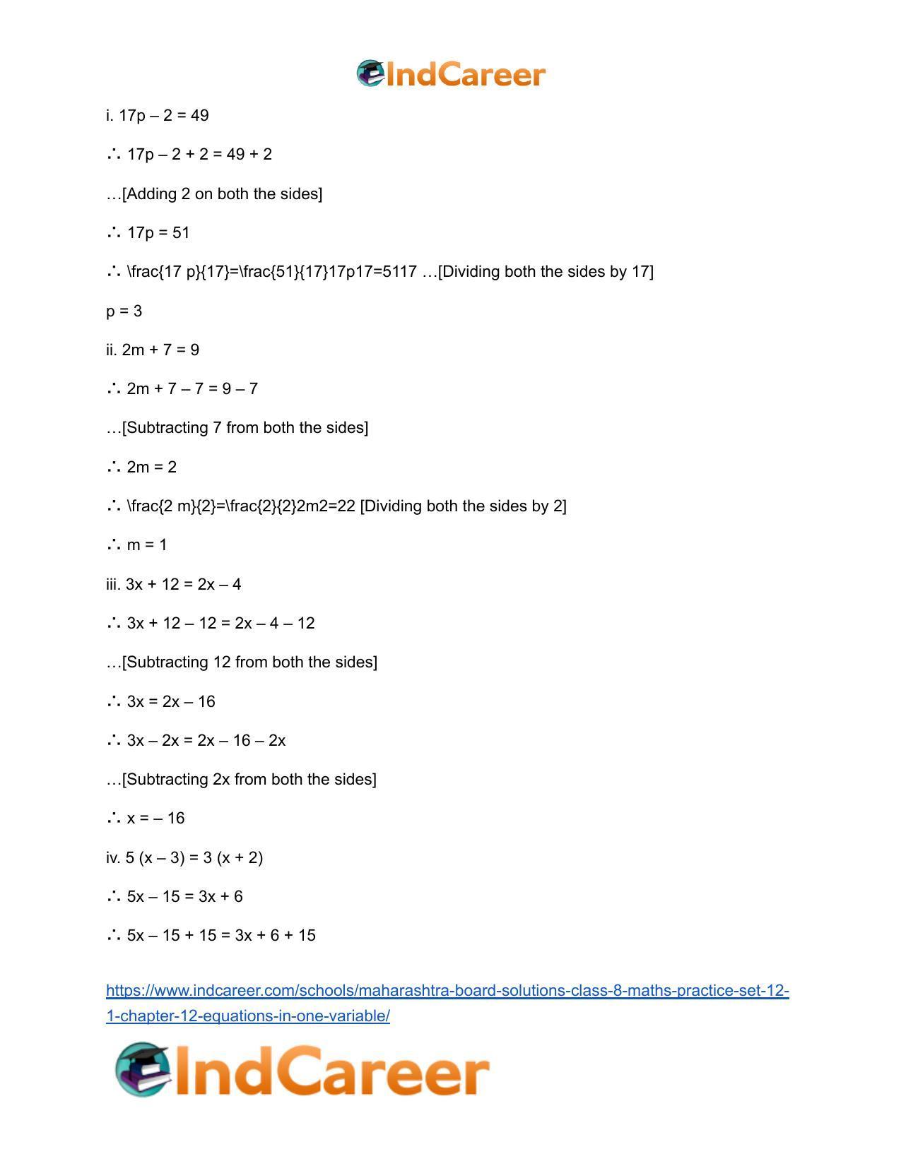 Maharashtra Board Solutions Class 8-Maths (Practice Set 12.1): Chapter 12- Equations in One Variable - Page 7