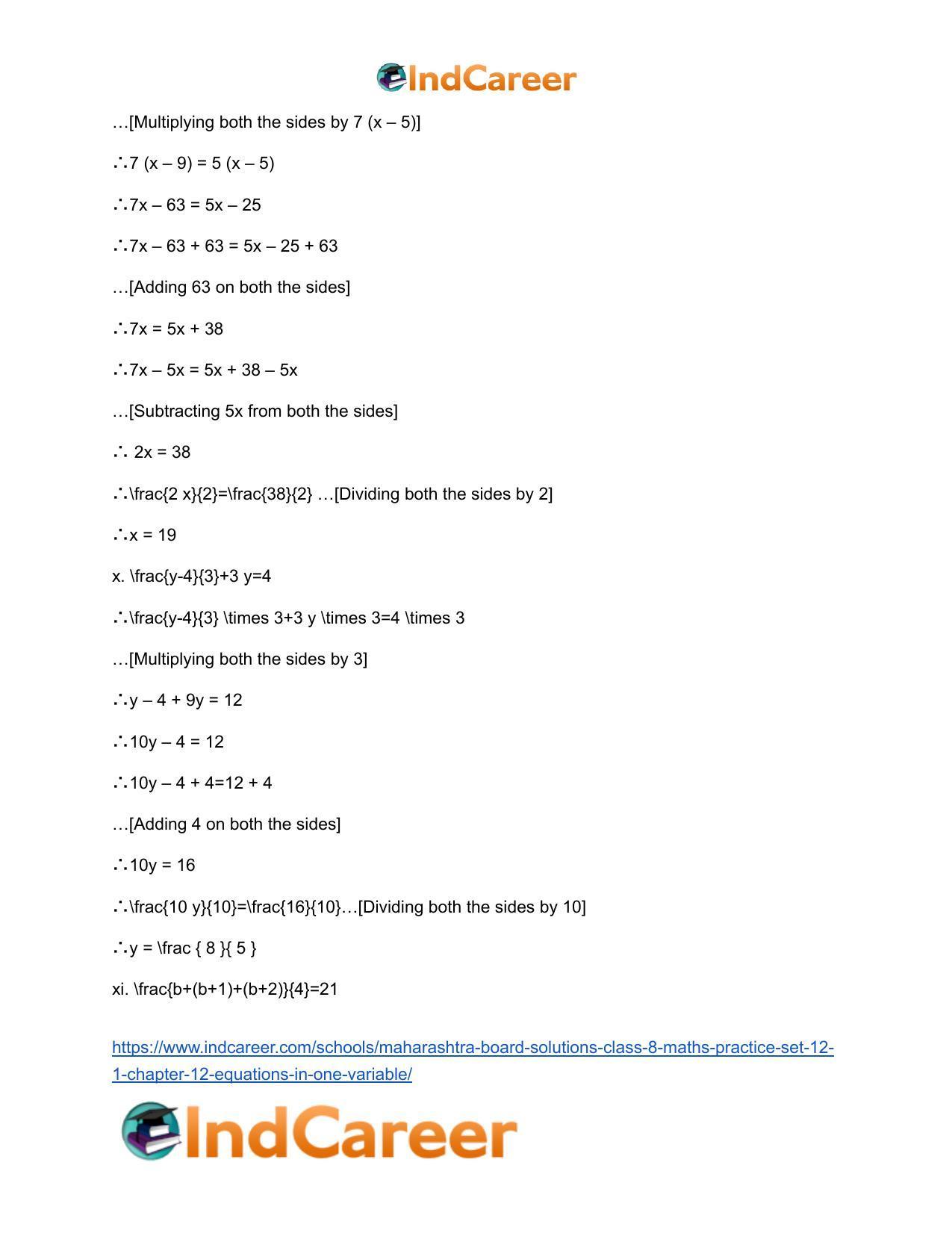 Maharashtra Board Solutions Class 8-Maths (Practice Set 12.1): Chapter 12- Equations in One Variable - Page 11