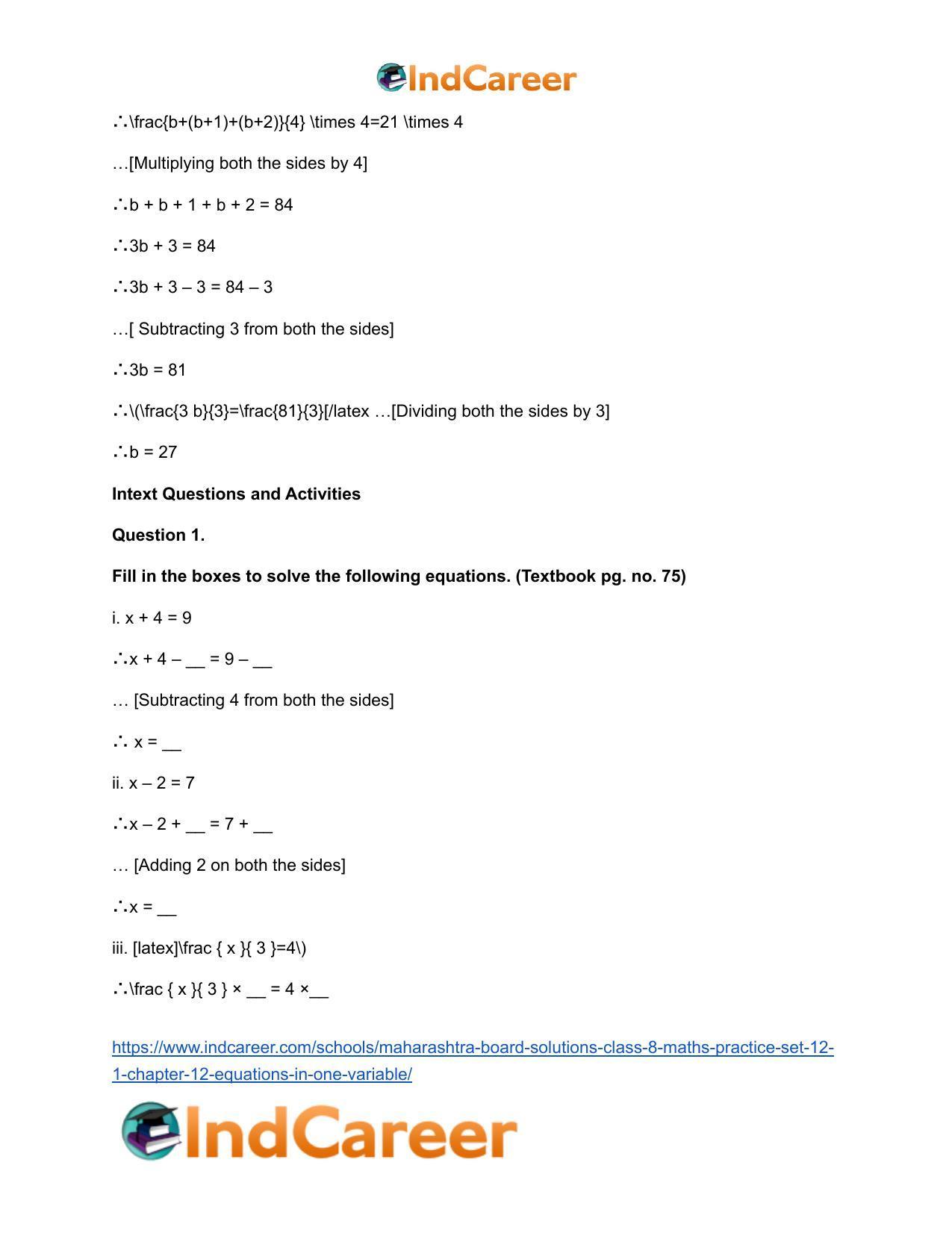 Maharashtra Board Solutions Class 8-Maths (Practice Set 12.1): Chapter 12- Equations in One Variable - Page 12
