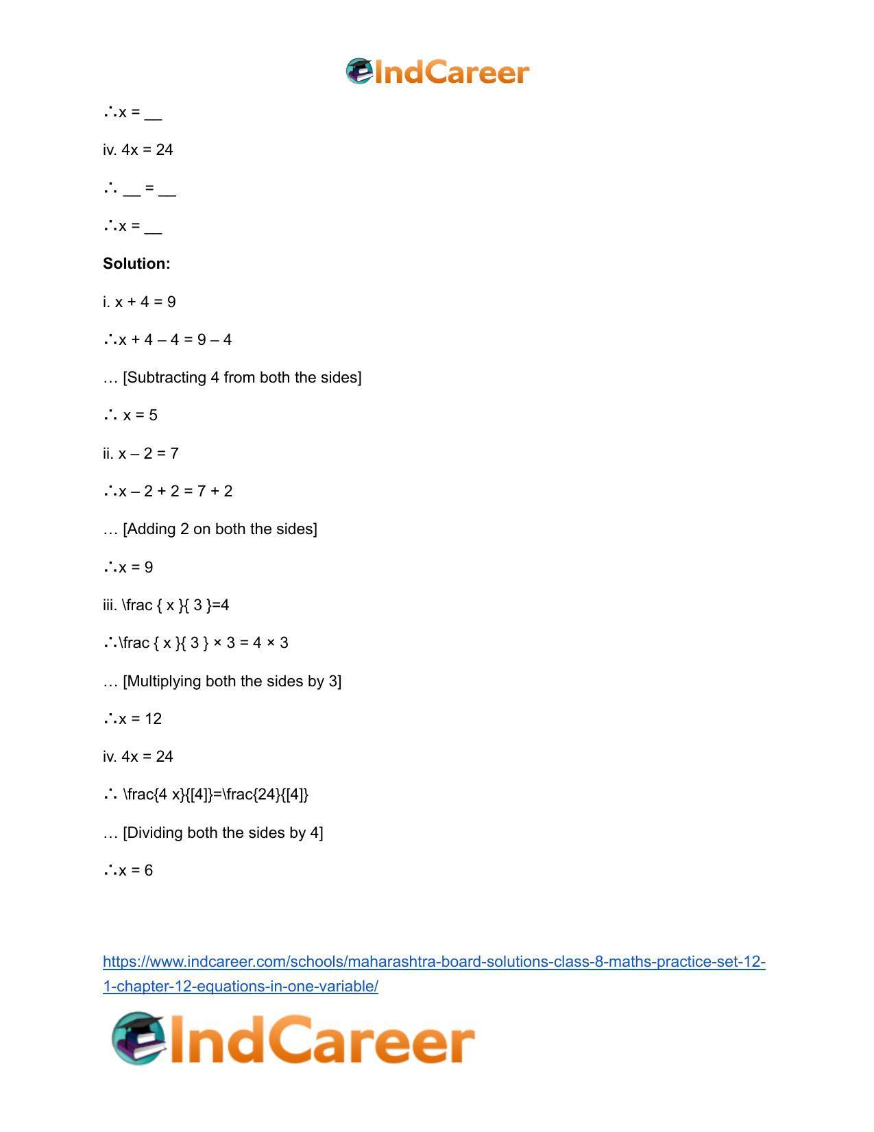 Maharashtra Board Solutions Class 8-Maths (Practice Set 12.1): Chapter 12- Equations in One Variable - Page 13