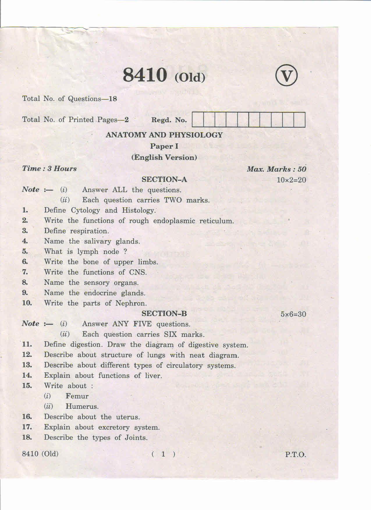AP Inter 1st Year Anatomy and Physiology-I (Old) MLT March-2019-Vocational Question Paper - Page 1