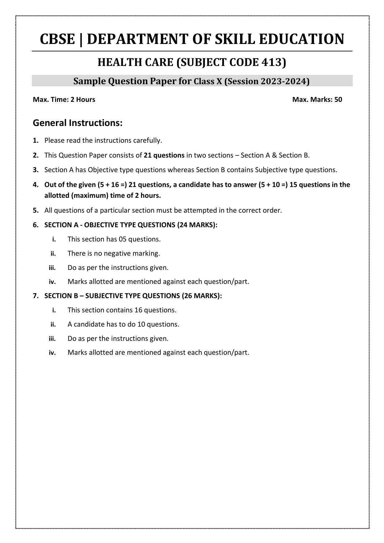 CBSE Class 10 (Skill Education) Health Care 2024 Sample Paper - Page 2