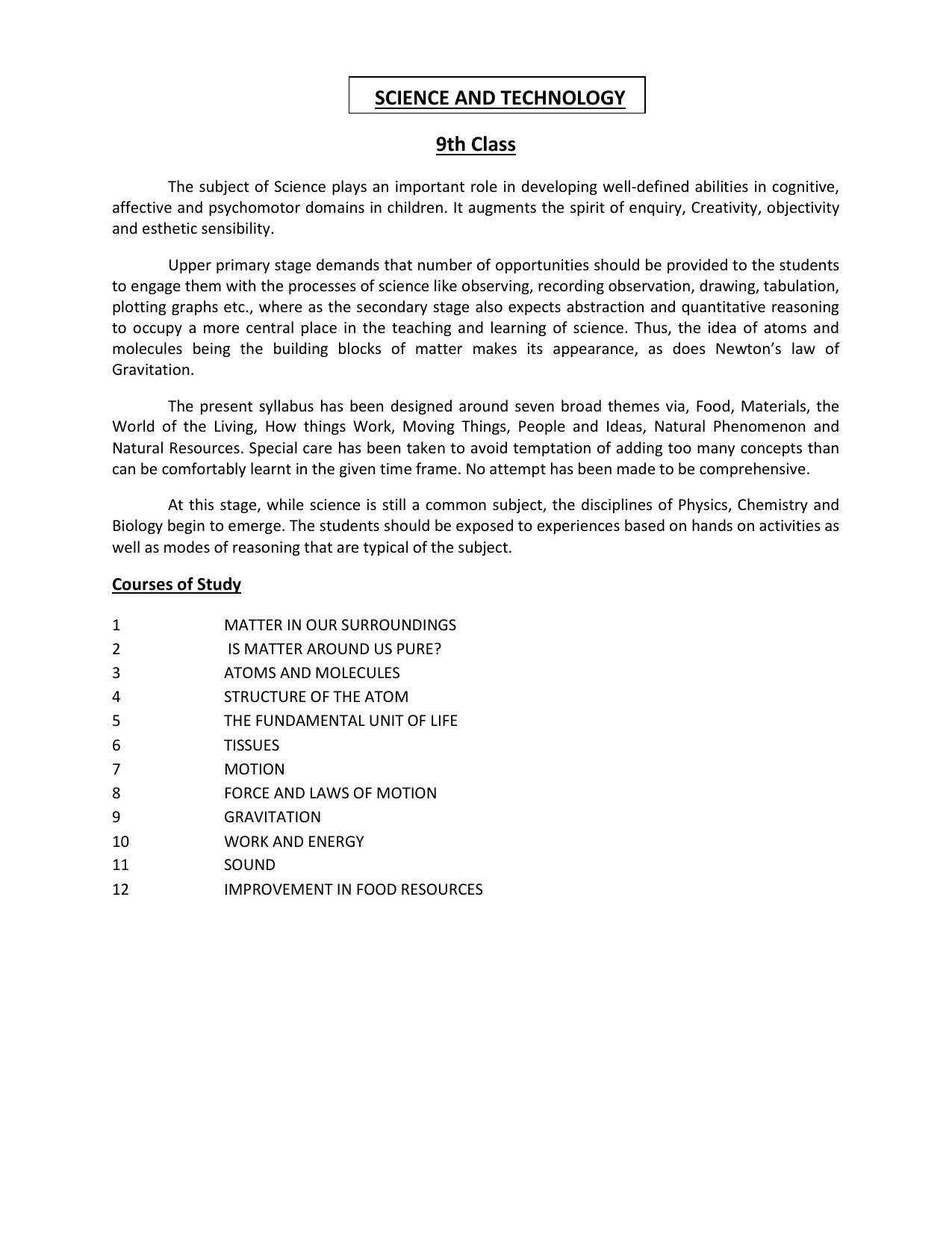 HP Board Class 9th Syllabus for Science - Page 1