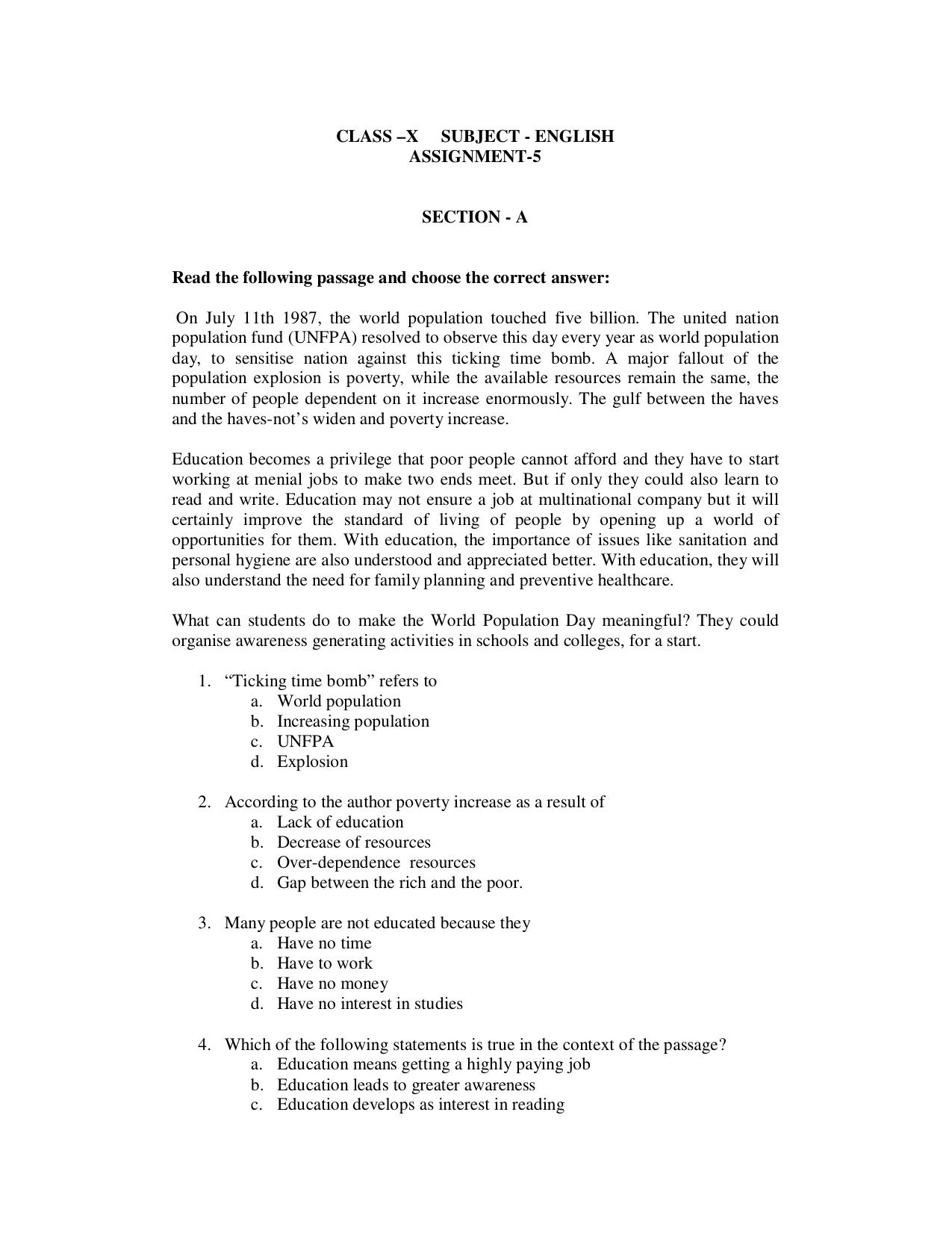 CBSE Worksheets for Class 10 English Assignment 21 - Page 1