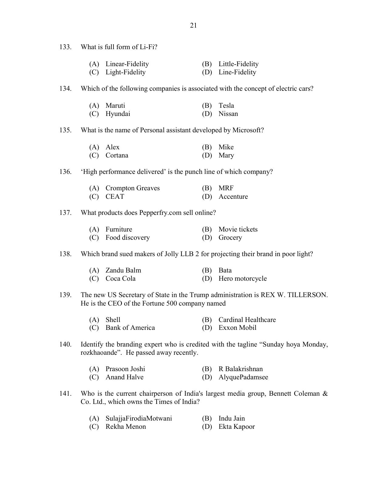 CUSAT CAT 2017 M.Voc. Technology And Mgt Question Paper - Page 21
