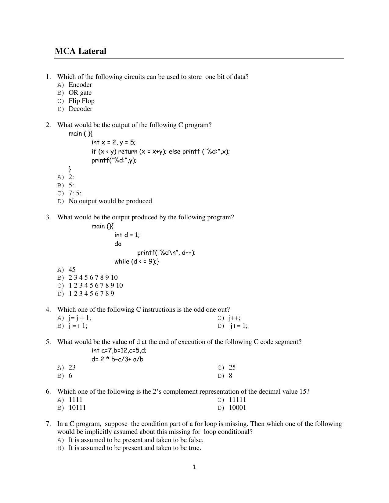 OJEE 2014 MCA Lateral Question Paper - Page 1