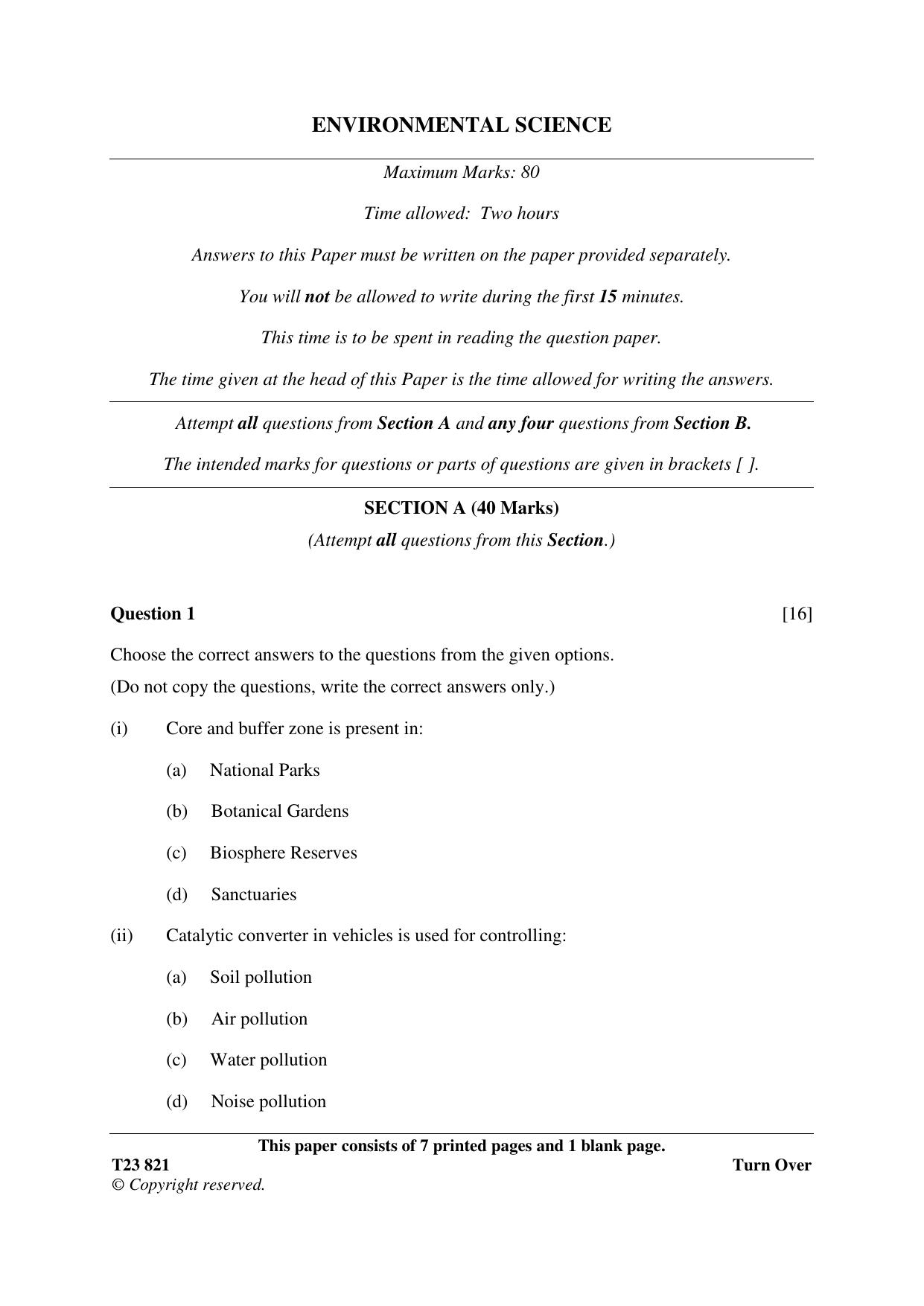 ICSE Class 10 ENVIRONMENTAL SCIENCE 2023 Question Paper - Page 1