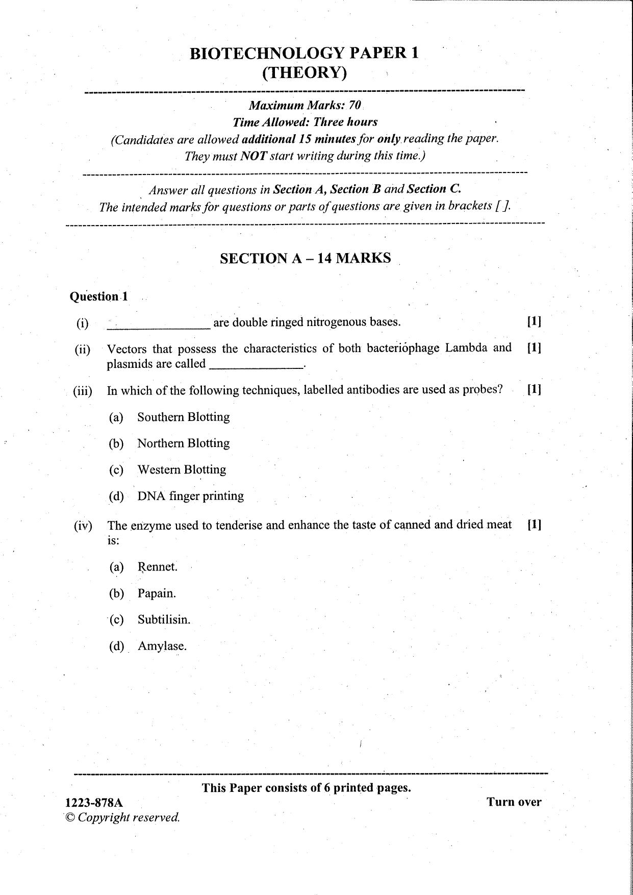 ISC Class 12 Biotechnology 2023 Question Paper - Page 1