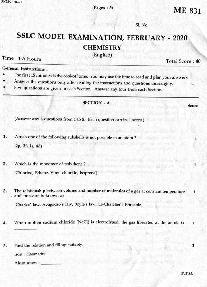 Kerala SSLC 2020 Chemistry Question Paper (EM) (Model) - Page 1