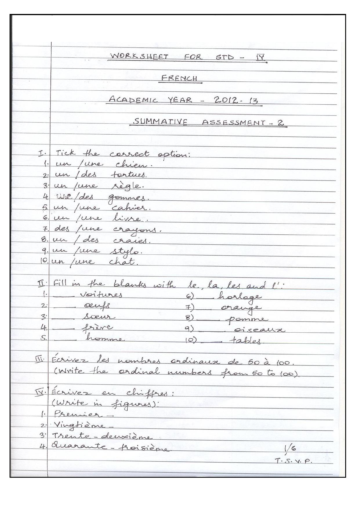 Worksheet for Class 4 French Assignment 11 - Page 1
