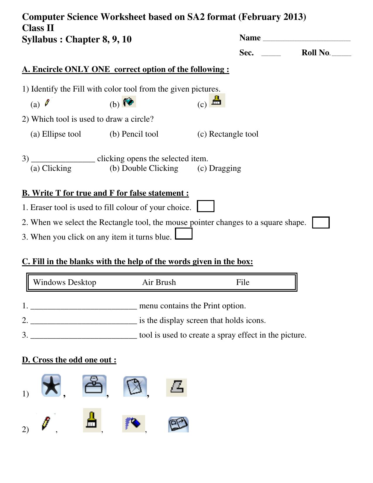 Worksheet for Class 2 Computers Assignment 7 - Page 1