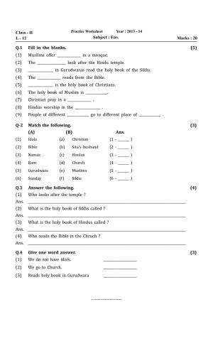 Worksheets for Class 2 EVS Assignment 3