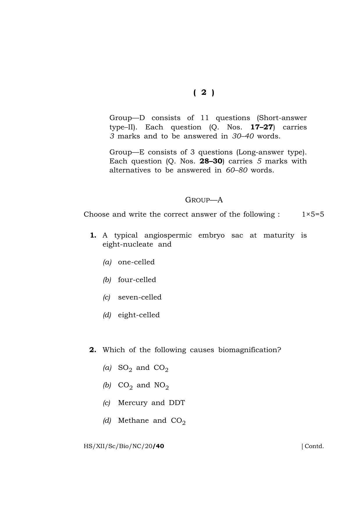 Meghalaya Board (MBOSE) Class 12 BIOLOGY ( New Course ) 2020 Question Paper - Page 2