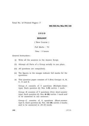 Meghalaya Board (MBOSE) Class 12 BIOLOGY ( New Course ) 2020 Question Paper
