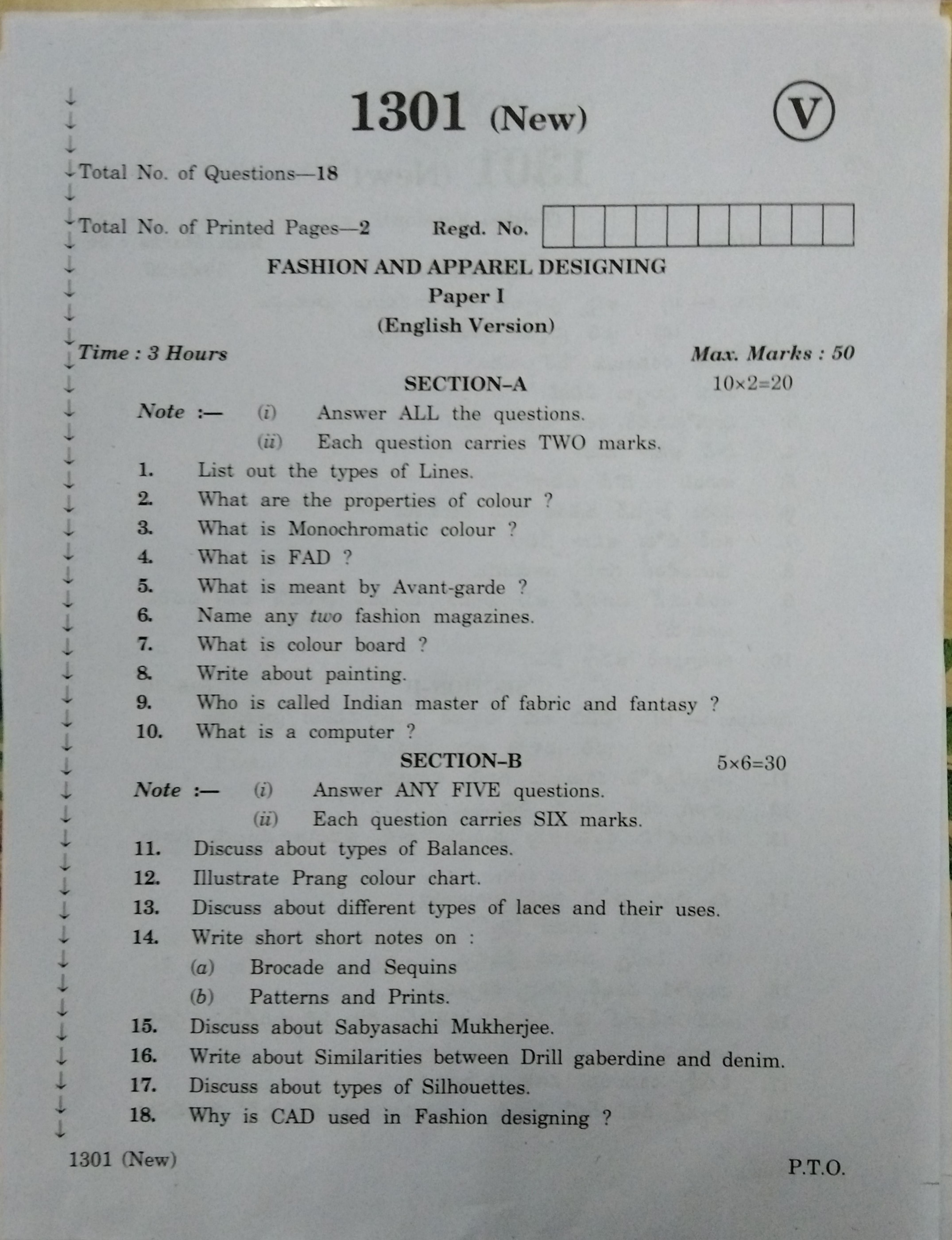 AP Inter 2nd Year Vocational Question Paper March - 2020 - Fashion Apparel Designing-I - Page 1