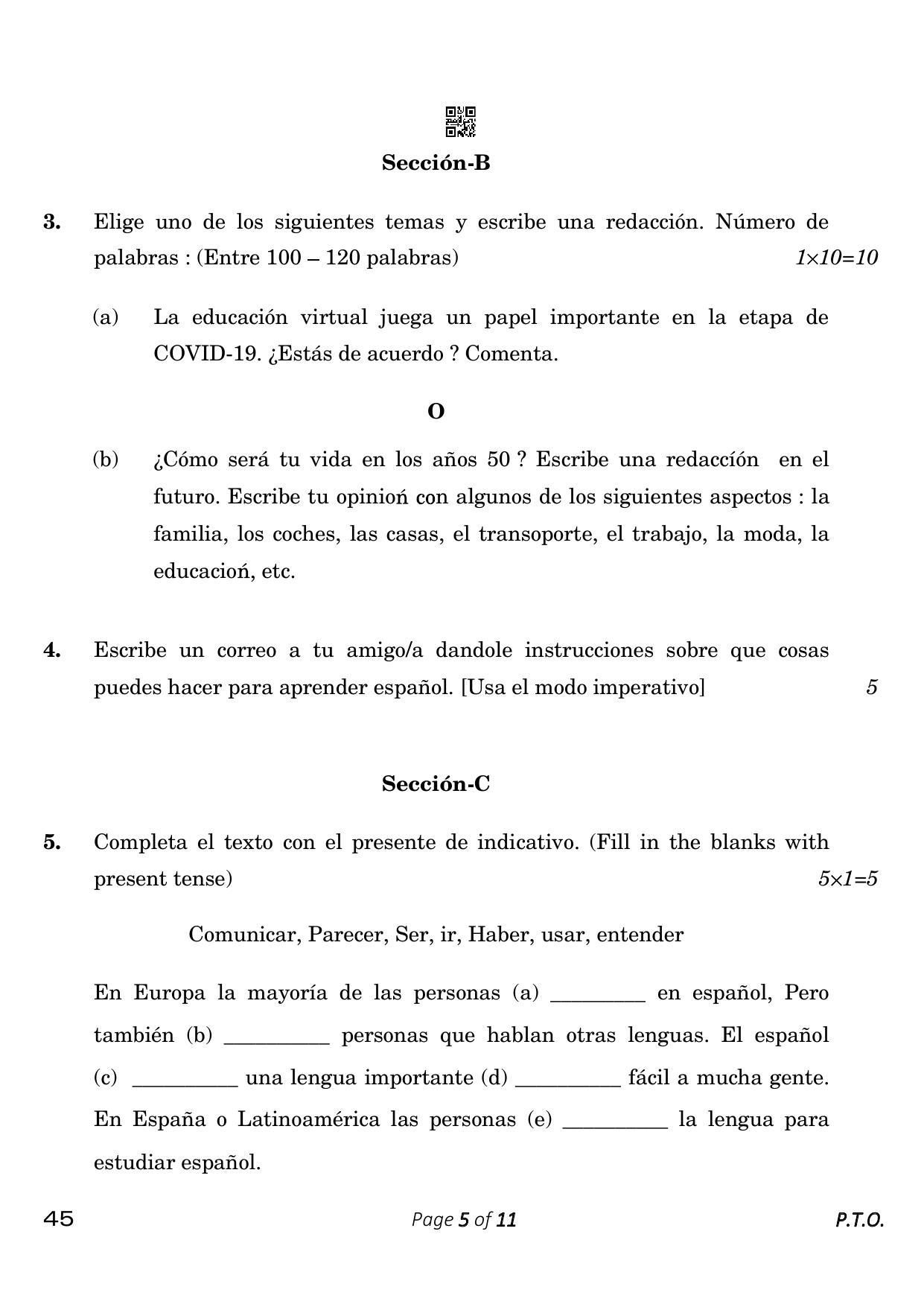 CBSE Class 10 Spanish (Compartment) 2023 Question Paper - Page 5