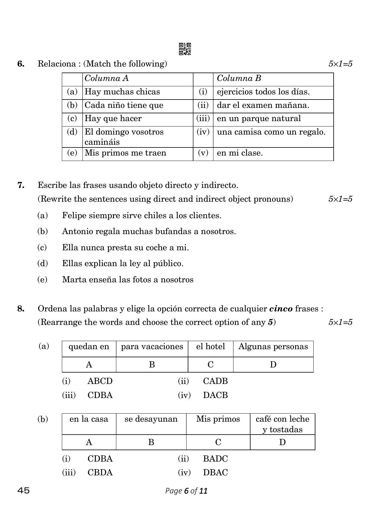 CBSE Class 10 Spanish (Compartment) 2023 Question Paper - Page 6