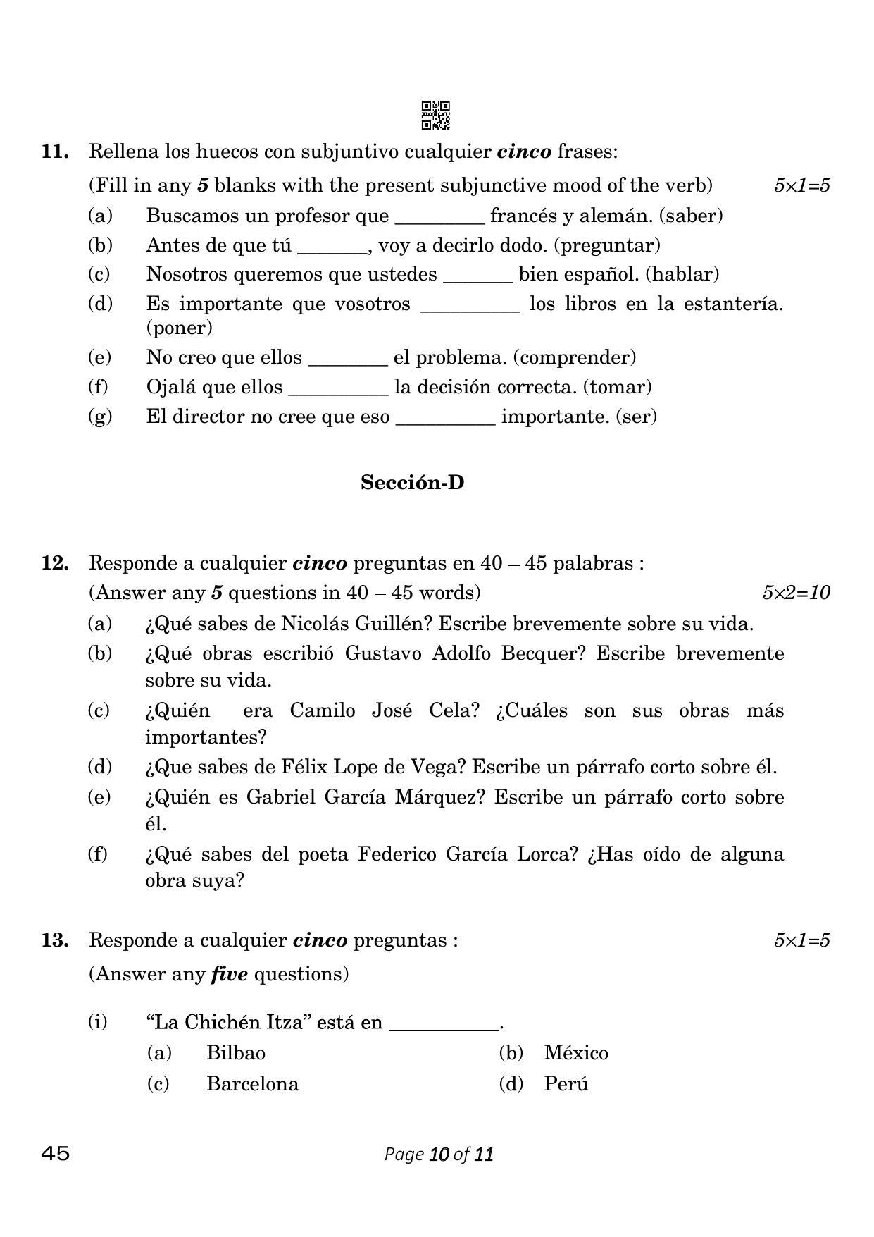 CBSE Class 10 Spanish (Compartment) 2023 Question Paper - Page 10