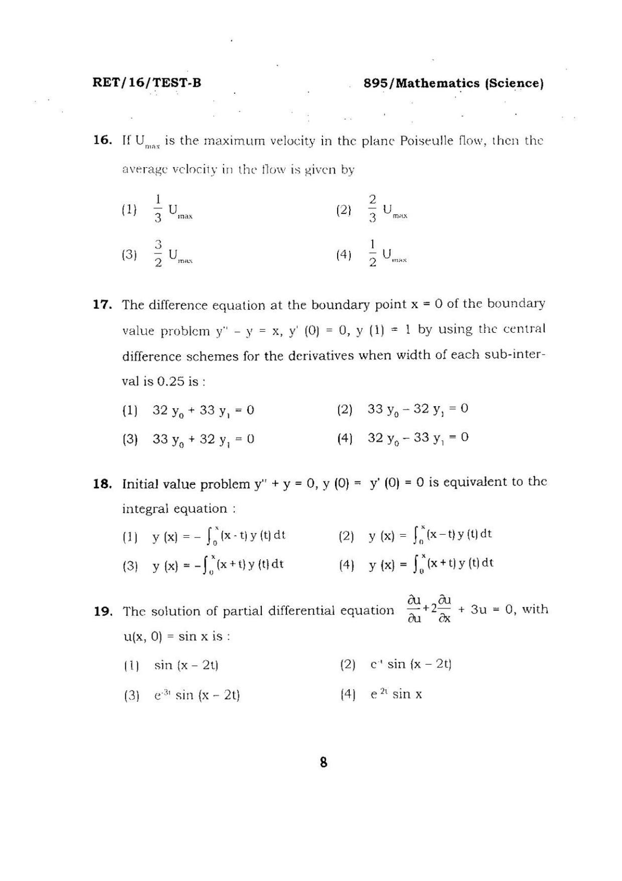 BHU RET Mathematics (Science) 2016 Question Paper  - Page 8