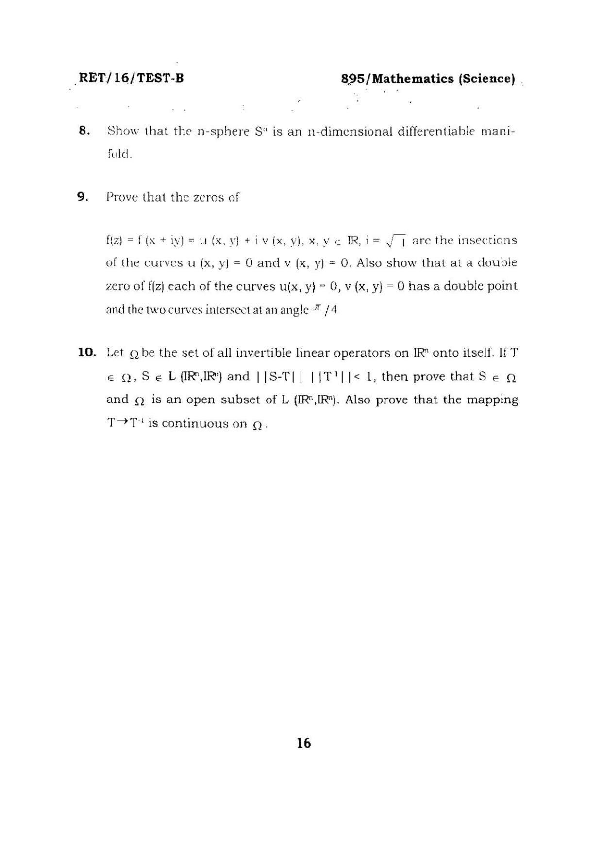 BHU RET Mathematics (Science) 2016 Question Paper  - Page 16