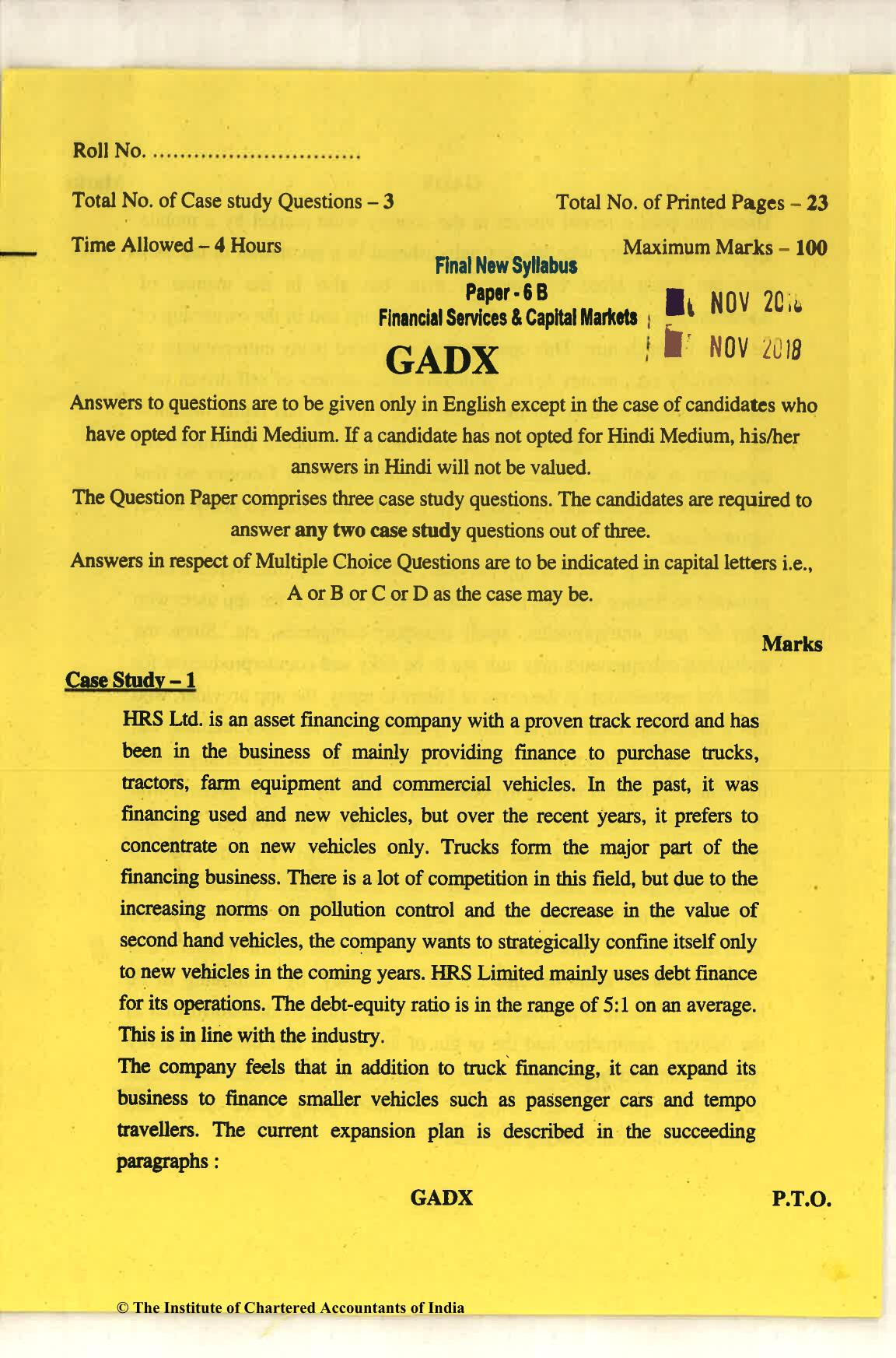 CA Final Nov 2018 Question Paper - Paper 6B – Financial Services and Capital Markets - Page 1