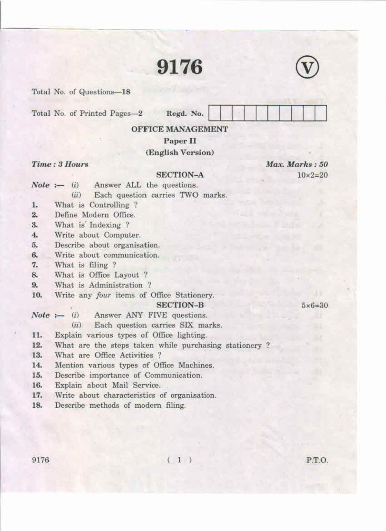 AP Inter 2nd Year Office Management-II May-2019-Vocational Question Paper - Page 1