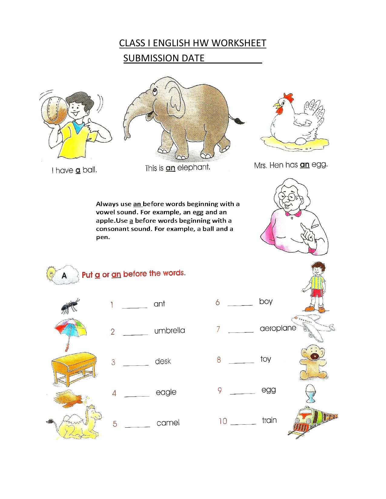 Worksheet for Class 1 English Assignment 62 - Page 1