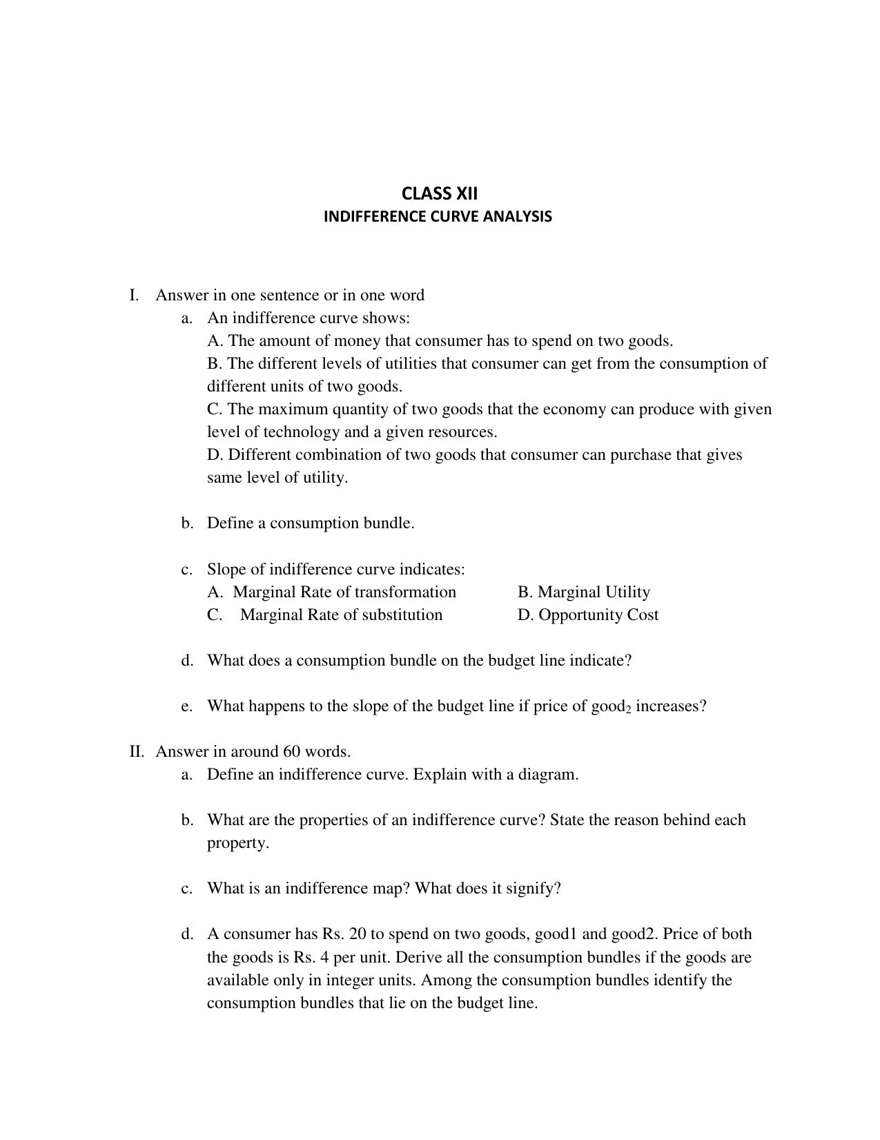 CBSE Class 12 Economics Indifference Curve Analysis - Page 1