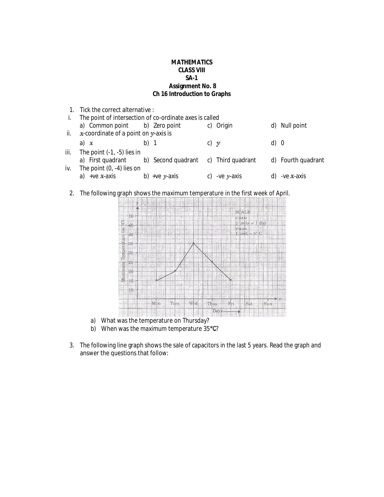 CBSE Worksheets for Class 8 Mathematics Introduction to Graphs Assignment 3 - Page 1