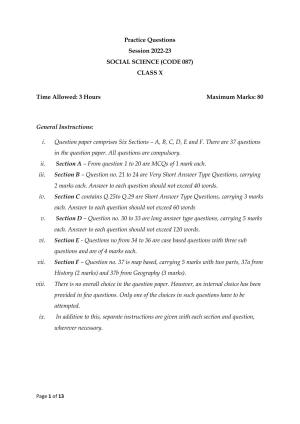 CBSE Class 10 Social Science Practice Questions 2022-23