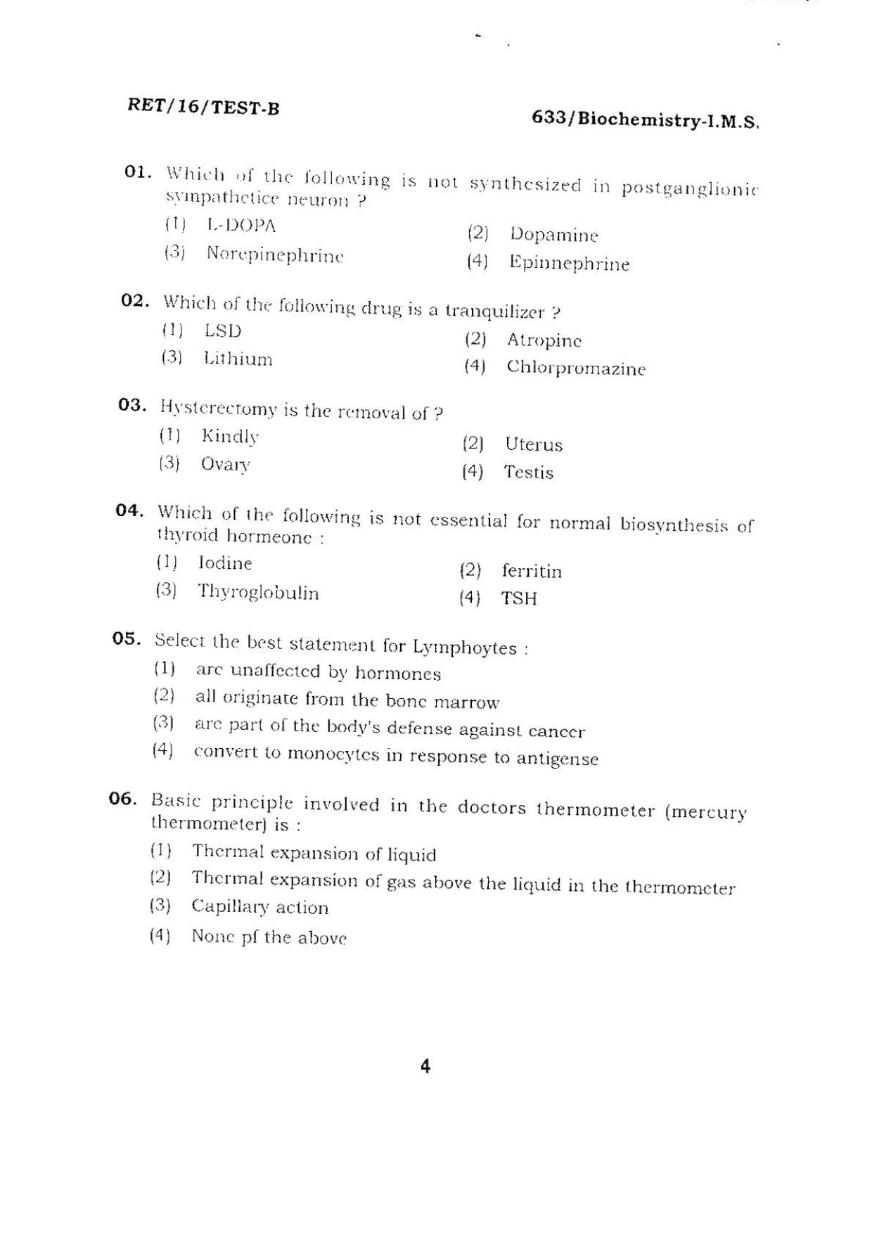 BHU RET BIOCHEMISTRY-I.M.S 2016 Question Paper - Page 4