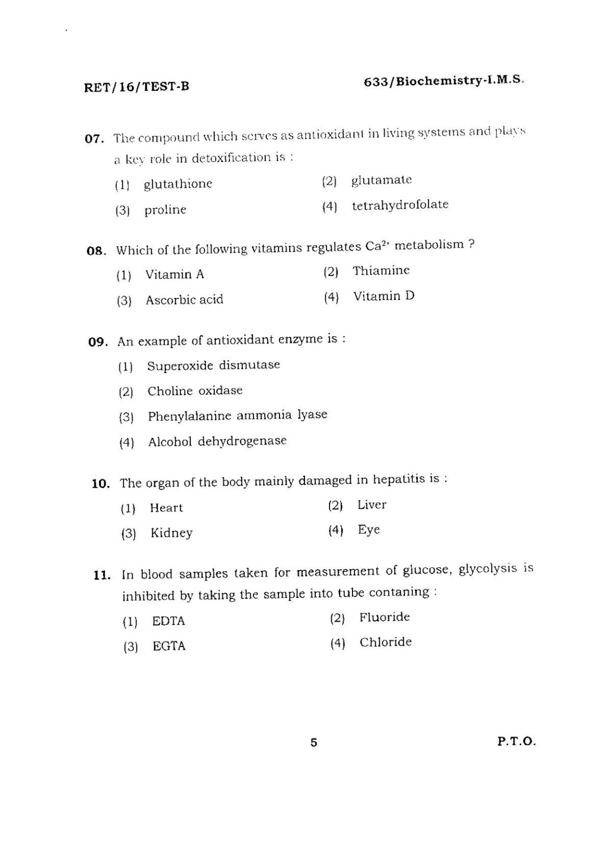 BHU RET BIOCHEMISTRY-I.M.S 2016 Question Paper - Page 5