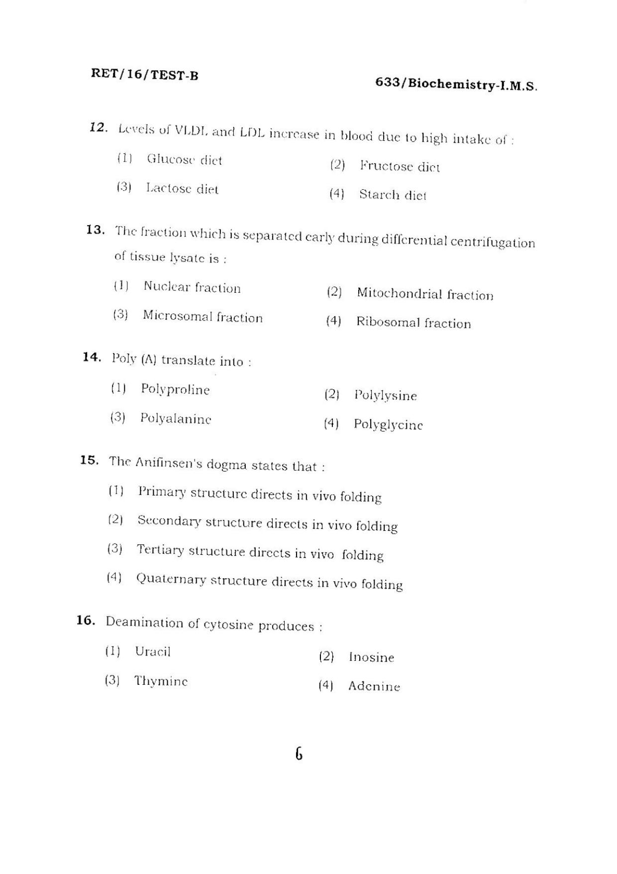 BHU RET BIOCHEMISTRY-I.M.S 2016 Question Paper - Page 6