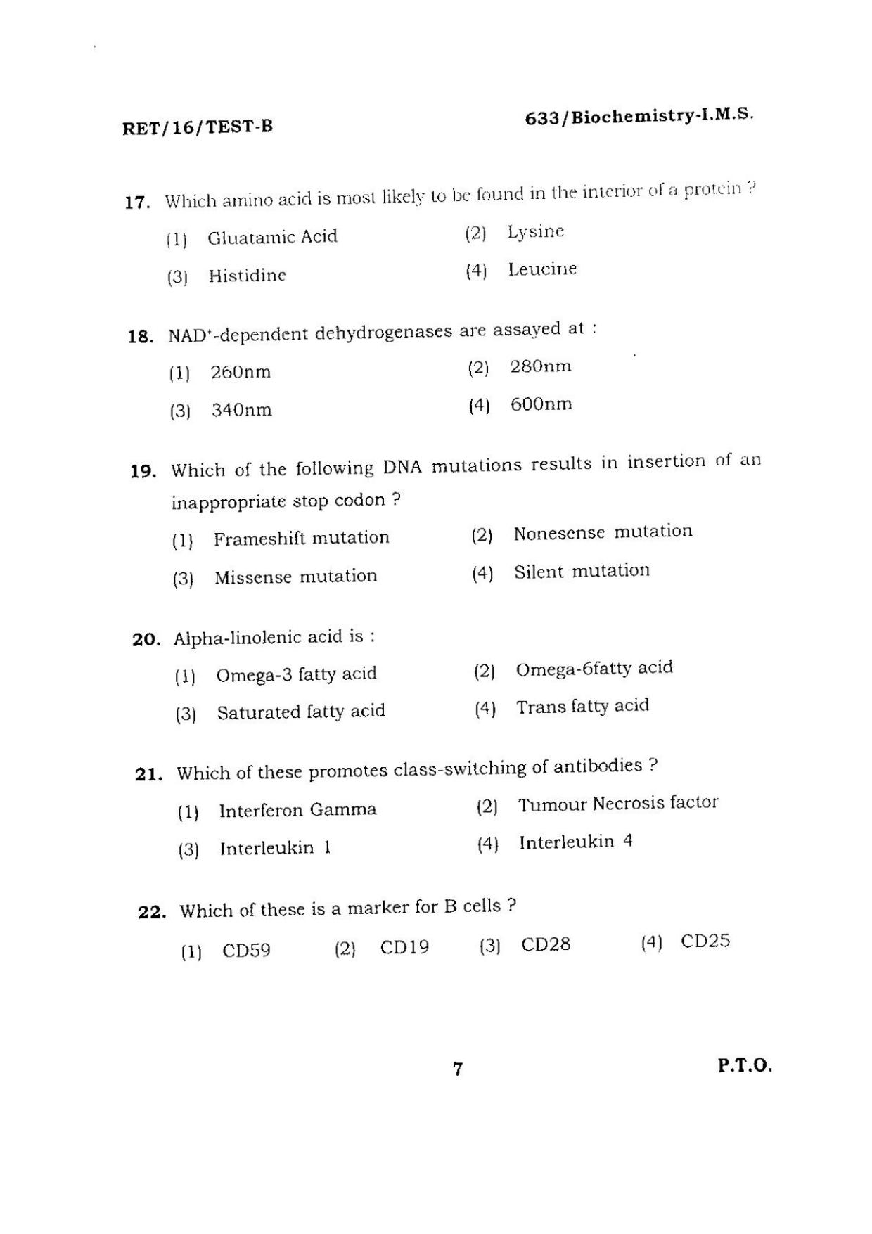 BHU RET BIOCHEMISTRY-I.M.S 2016 Question Paper - Page 7