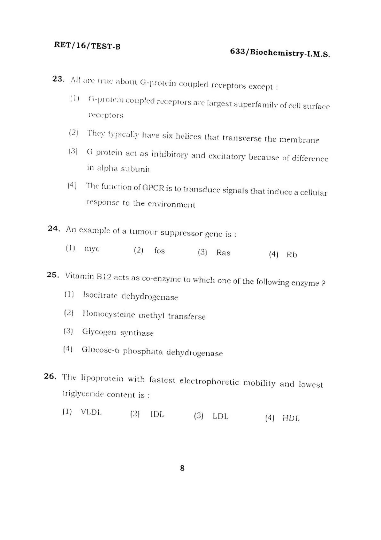 BHU RET BIOCHEMISTRY-I.M.S 2016 Question Paper - Page 8