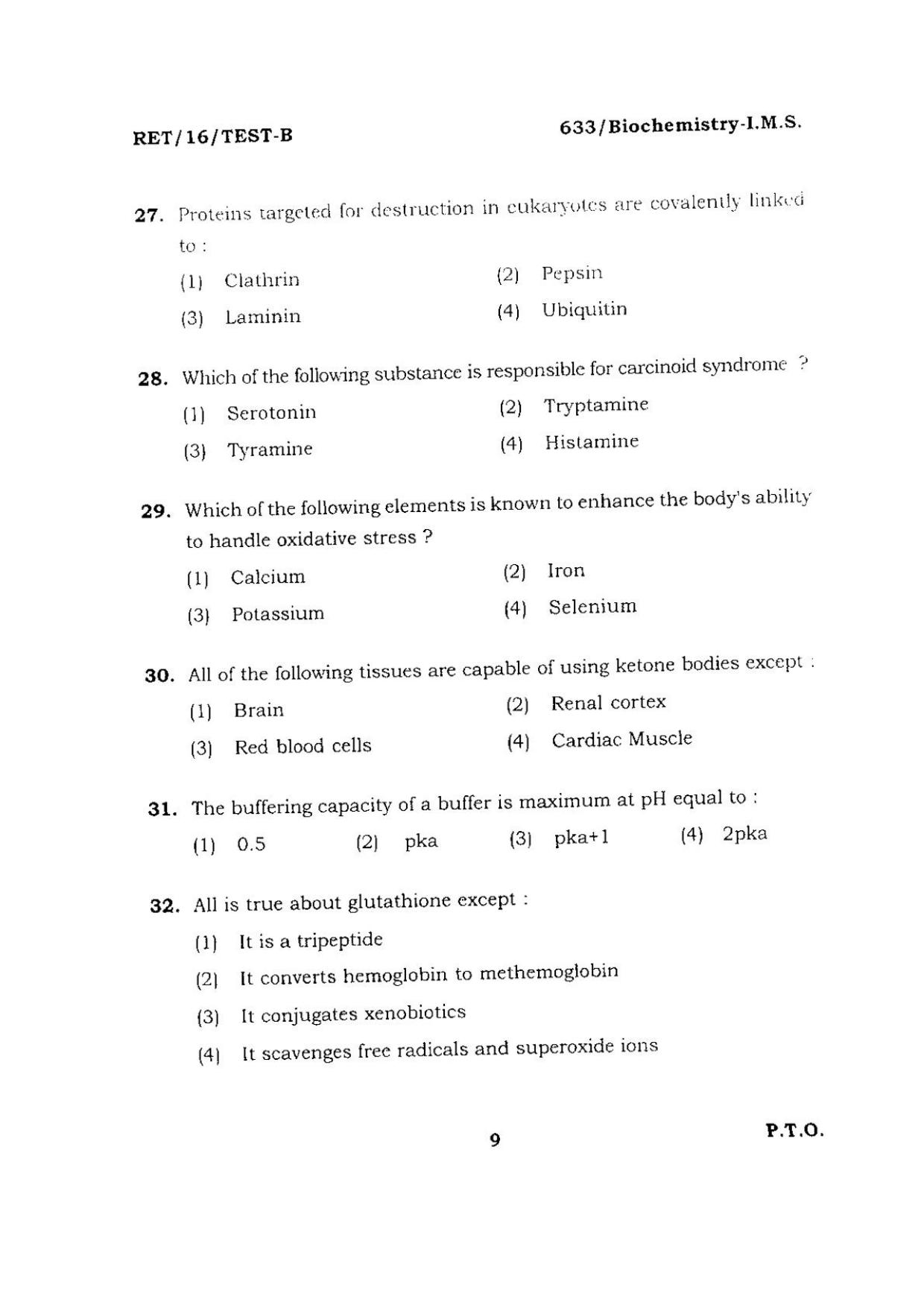 BHU RET BIOCHEMISTRY-I.M.S 2016 Question Paper - Page 9
