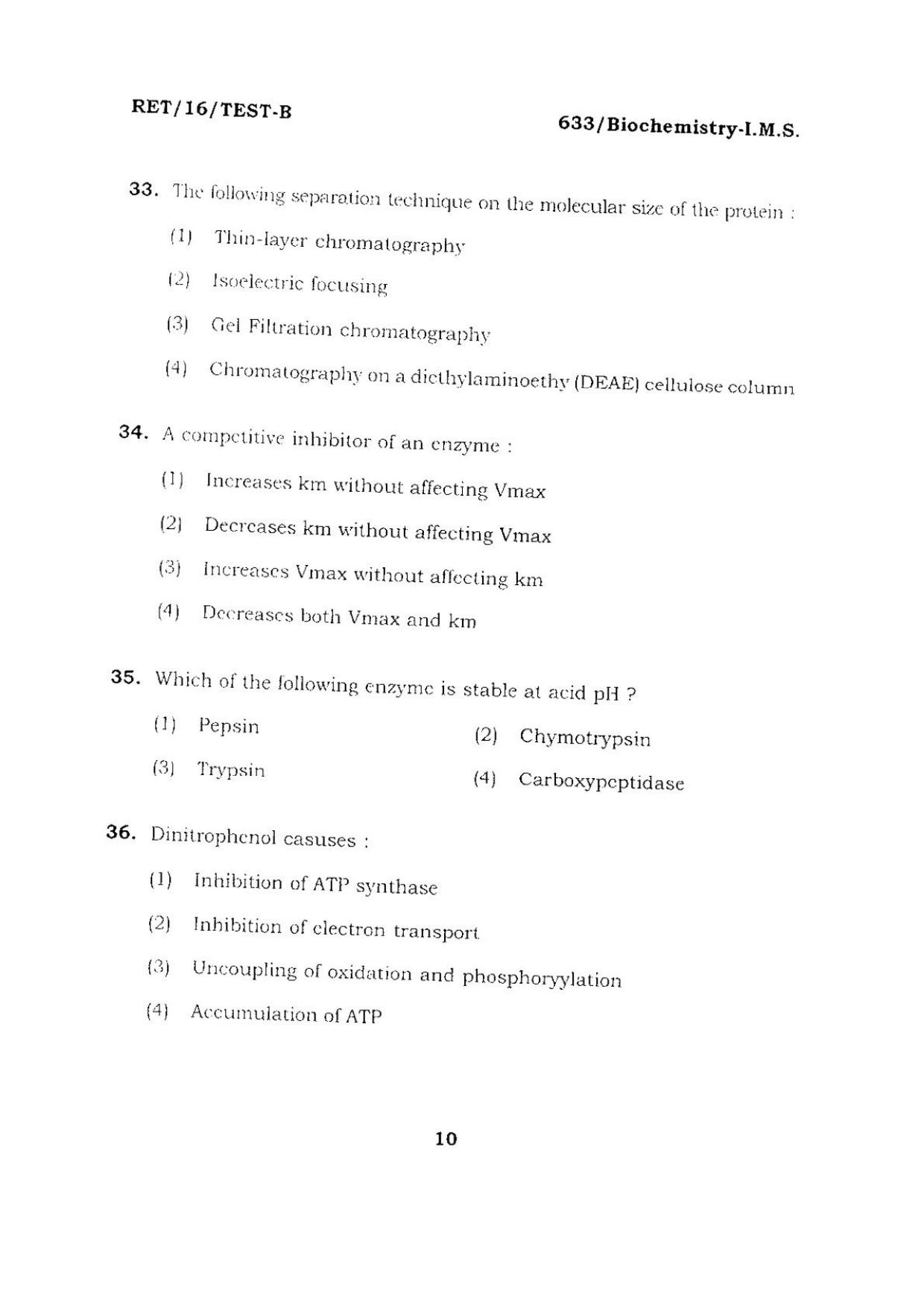 BHU RET BIOCHEMISTRY-I.M.S 2016 Question Paper - Page 10