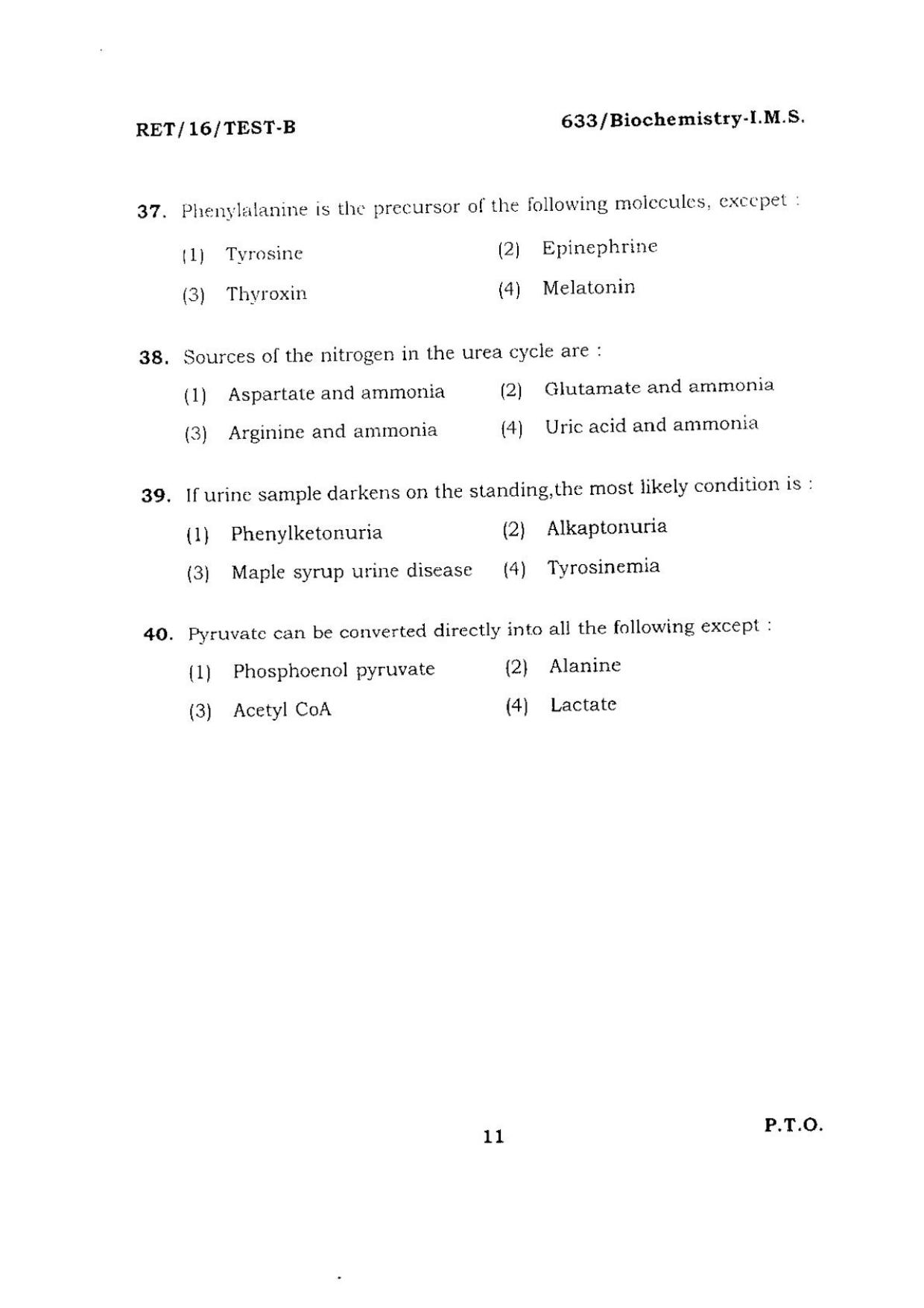 BHU RET BIOCHEMISTRY-I.M.S 2016 Question Paper - Page 11