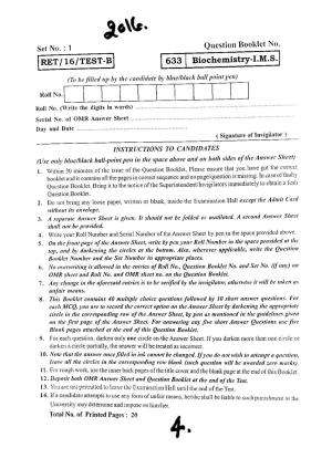 BHU RET BIOCHEMISTRY-I.M.S 2016 Question Paper