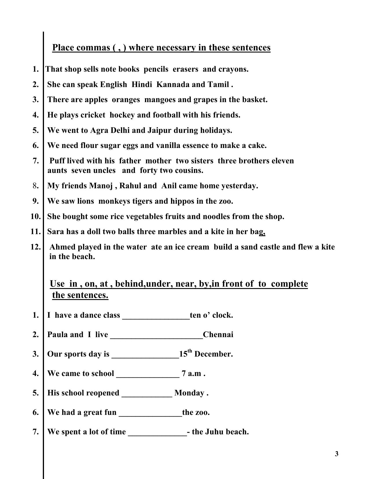 Worksheet for Class 2 English Assignment 73 Prepositions - Page 3