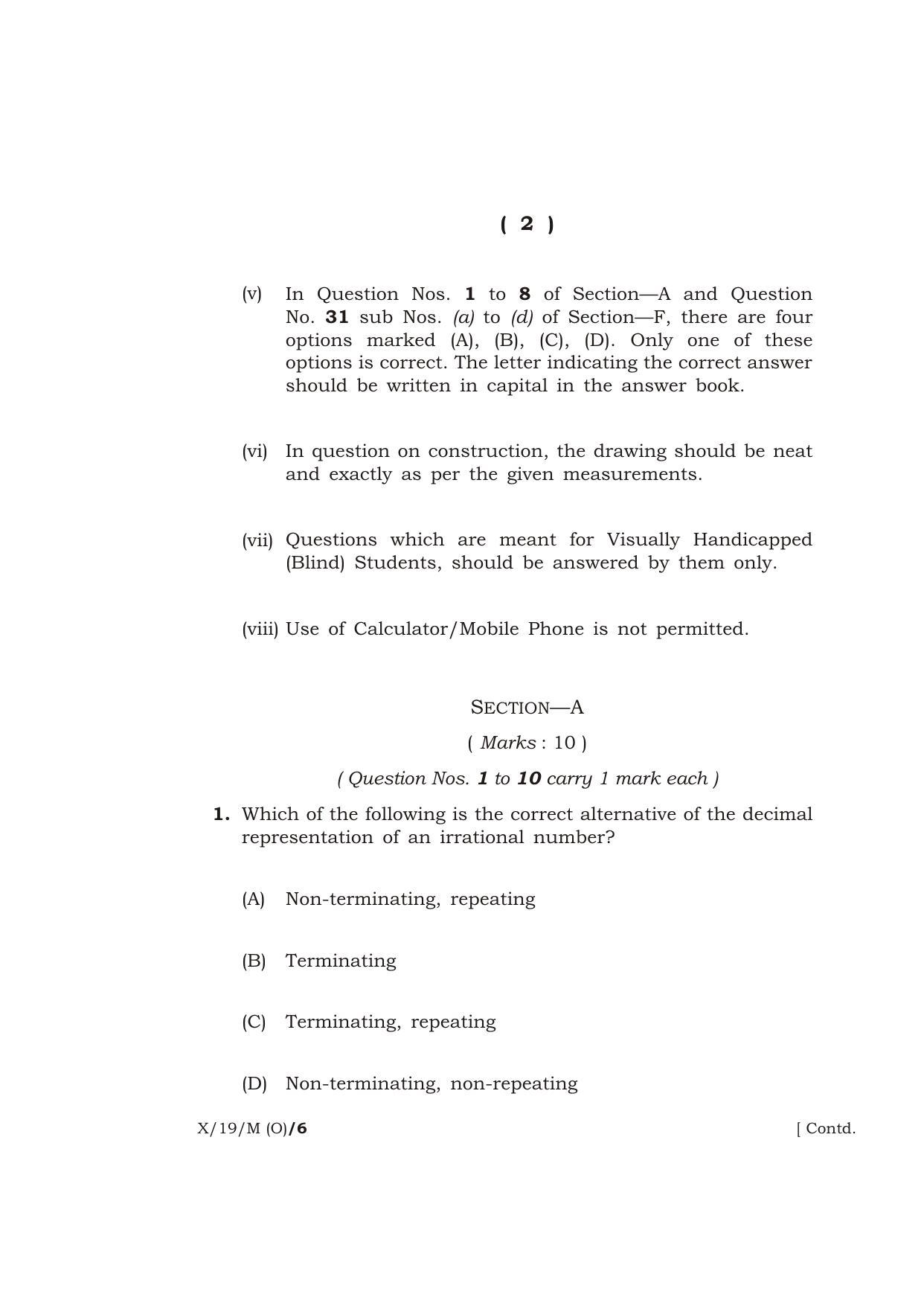 Meghalaya Board (MBOSE) Class 10 MATHEMATICS ( Old Course ) 2019 Question Paper - Page 2