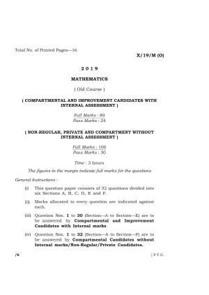 Meghalaya Board (MBOSE) Class 10 MATHEMATICS ( Old Course ) 2019 Question Paper