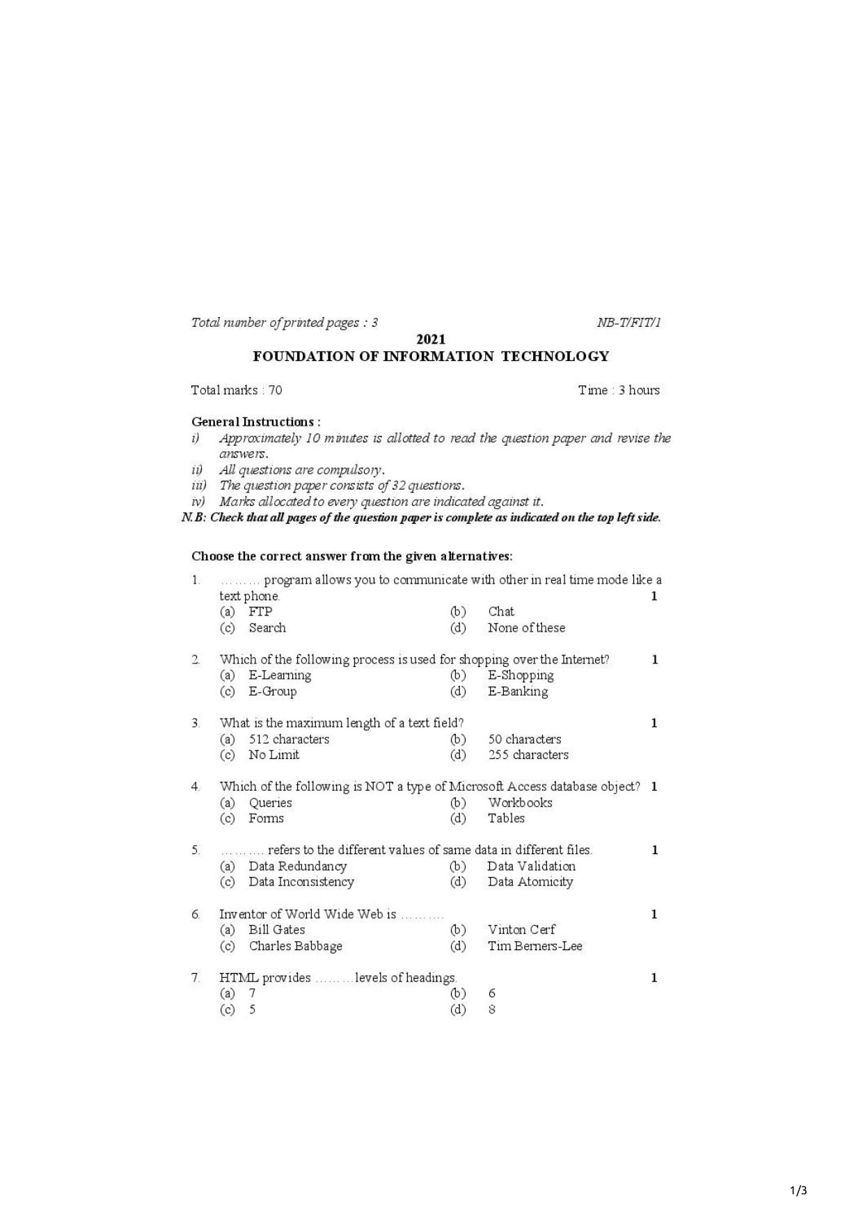 Nagaland Board Class 10 Foundation of Information Technology 2021 Question Paper - Page 1