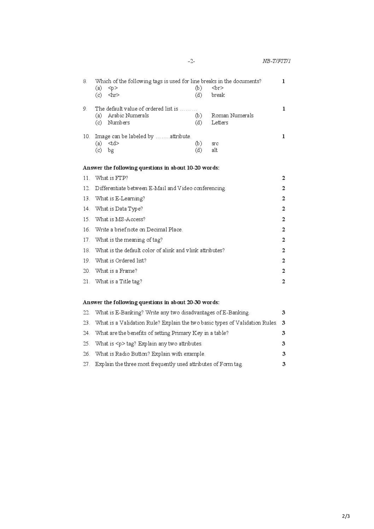 Nagaland Board Class 10 Foundation of Information Technology 2021 Question Paper - Page 2